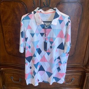 NWT Mens Large Obla Golf Polo Shirt White, Blues and Pinks
